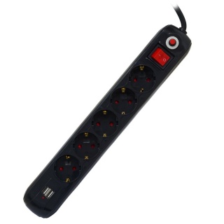 Prelungitor cu 5 prize + 2 x USB 16A 4.5m Negru, Spacer PP-5-45B-USB